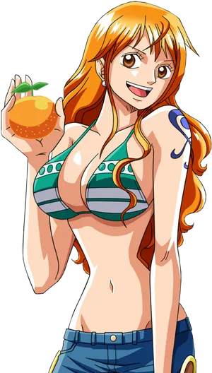 Nami One Piece Anime Character With Orange PNG Image