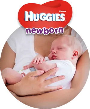 Newborn Baby Sleepingin Mothers Arms Huggies Ad PNG Image