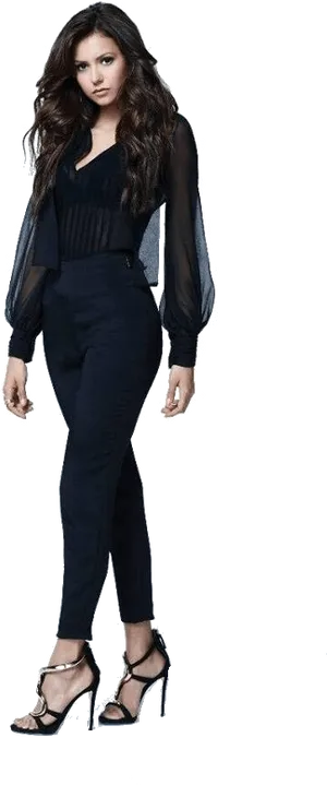 Nina Dobrev Elegant Black Outfit PNG Image