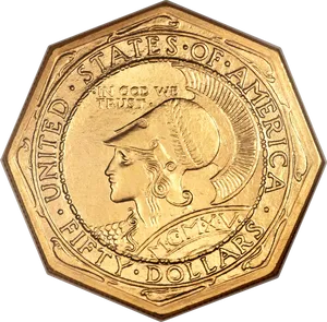 Octagonal Gold Coin Fifty Dollars PNG Image