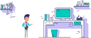 Office Worker Desk Setup PNG Image