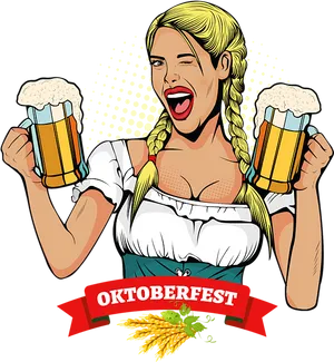 Oktoberfest Celebration Cartoon Woman Holding Beers PNG Image