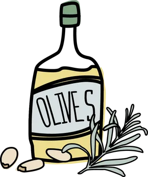 Olive Oil Bottleand Rosemary Sketch PNG Image