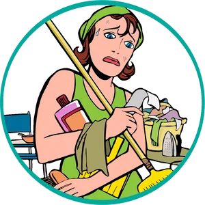 Overwhelmed Cleaning Lady Illustration PNG Image