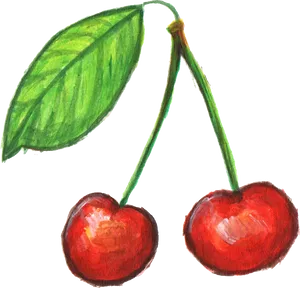 Pairof Cherrieswith Leaf PNG Image