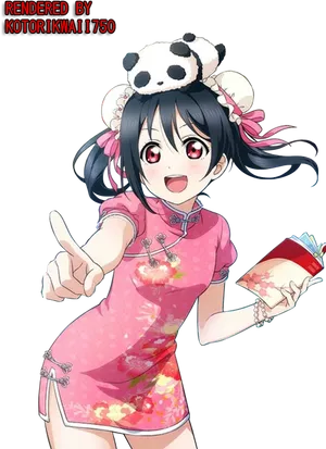 Panda Hat Anime Girlin Pink Cheongsam PNG Image