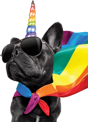 Party French Bulldog Rainbow Hat Sunglasses PNG Image