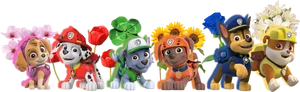 Paw Patrol Characters Floral Backdrop PNG Image