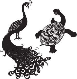 Peacock_and_ Tortoise_ Stylized_ Artwork PNG Image