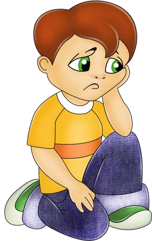 Pensive Cartoon Boy Sitting PNG Image