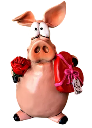 Pig Figurine With Roseand Gift Bag PNG Image