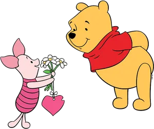 Piglet Giving Flowersto Pooh PNG Image