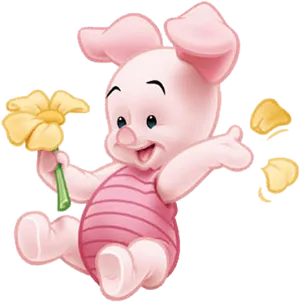 Piglet With Yellow Flower PNG Image