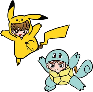 Pikachuand Squirtle Cosplay PNG Image