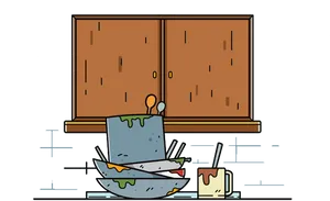 Piled Dishes Cartoon Kitchen Scene PNG Image