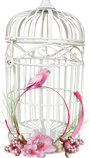 Pink Bird White Cage Floral Decoration.png PNG Image