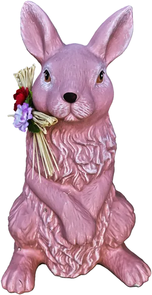 Pink Bunny Figurine Holding Flowers PNG Image