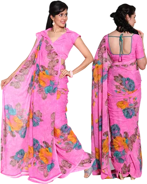 Pink Floral Saree Model Pose PNG Image