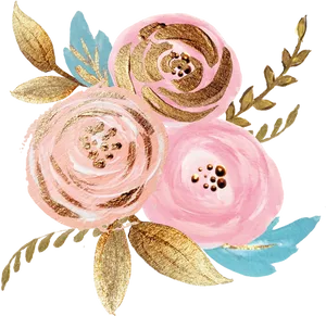 Pink Gold Watercolor Floral Design PNG Image