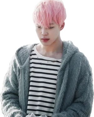 Pink Haired Manin Striped Shirtand Fur Coat PNG Image