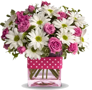 Pink Roses White Daisies Birthday Bouquet PNG Image