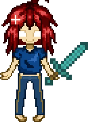 Pixel Art Character With Diamond Sword PNG Image