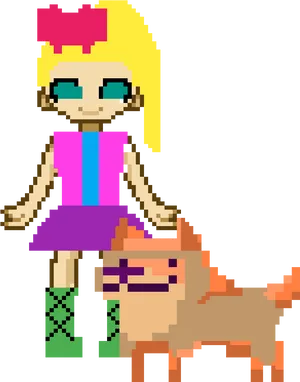 Pixel Art Girlwith Bowand Pet Dog PNG Image