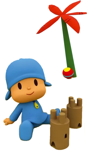 Pocoyo Playing With Sandcastleand Pinwheel PNG Image