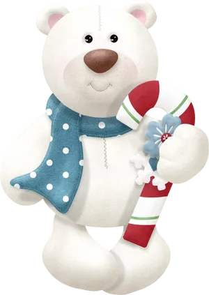 Polar Bear Plush Toy Holding Candy Cane PNG Image