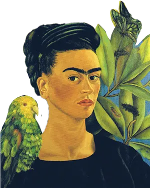 Portraitof Womanwith Parrotand Butterfly PNG Image