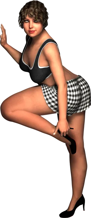 Posing_ Figure_in_ Checkered_ Skirt_and_ Black_ Top PNG Image