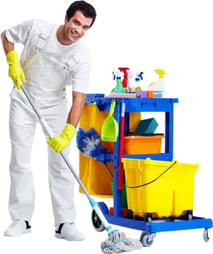 Professional Cleaner With Equipment Cart PNG Image