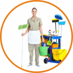 Professional Cleaning Service Employee With Equipment PNG Image