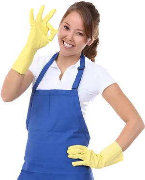 Professional Cleaning Service Worker Giving Okay Sign PNG Image