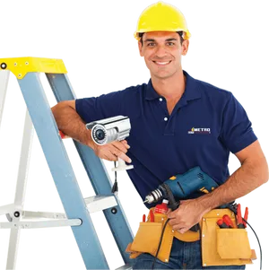 Professional Technician Installing Security Camera PNG Image