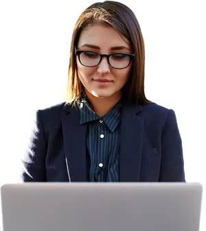 Professional Woman Using Laptop PNG Image