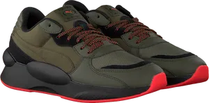 Puma Sneakers Olive Black Red PNG Image