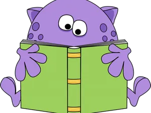 Purple Cartoon Cat Reading Book PNG Image