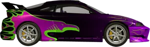 Purple Green Flame Race Car PNG Image