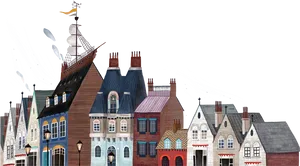 Quirky_ Townscape_with_ Ship_ Rooftop PNG Image