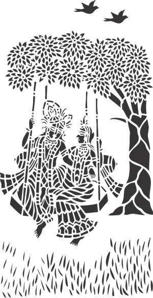 Radha Krishna Swing Under Tree Silhouette PNG Image