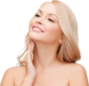 Radiant Skin Blonde Woman Touching Neck PNG Image