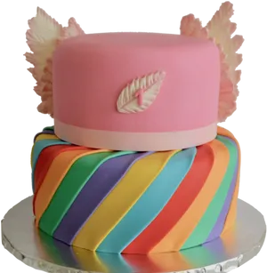 Rainbow Striped Fondant Cakewith Pink Topper PNG Image