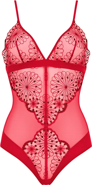 Red Embroidered Mesh Bodysuit Lingerie PNG Image