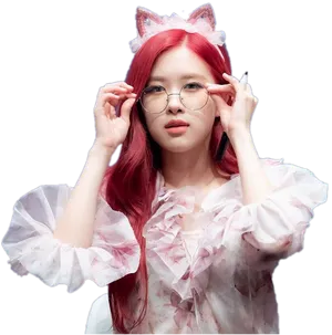 Red Haired Female Kpop Star With Cat Earsand Glasses PNG Image