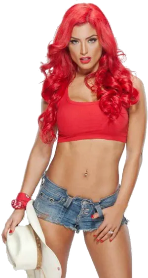 Red Haired_ Woman_in_ Red_ Top_and_ Denim_ Shorts PNG Image