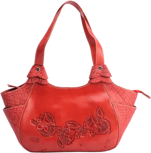 Red Leather Floral Embossed Handbag PNG Image