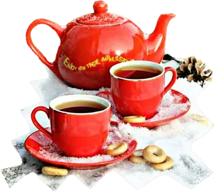 Red Teapotand Cupswith Tea PNG Image