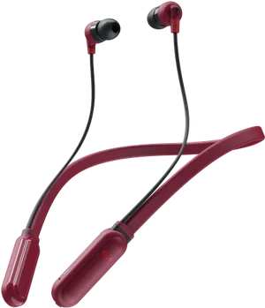 Red Wireless Earbuds Neckband Design PNG Image