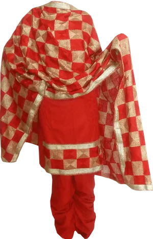 Redand Gold Checkered Salwar Suit PNG Image